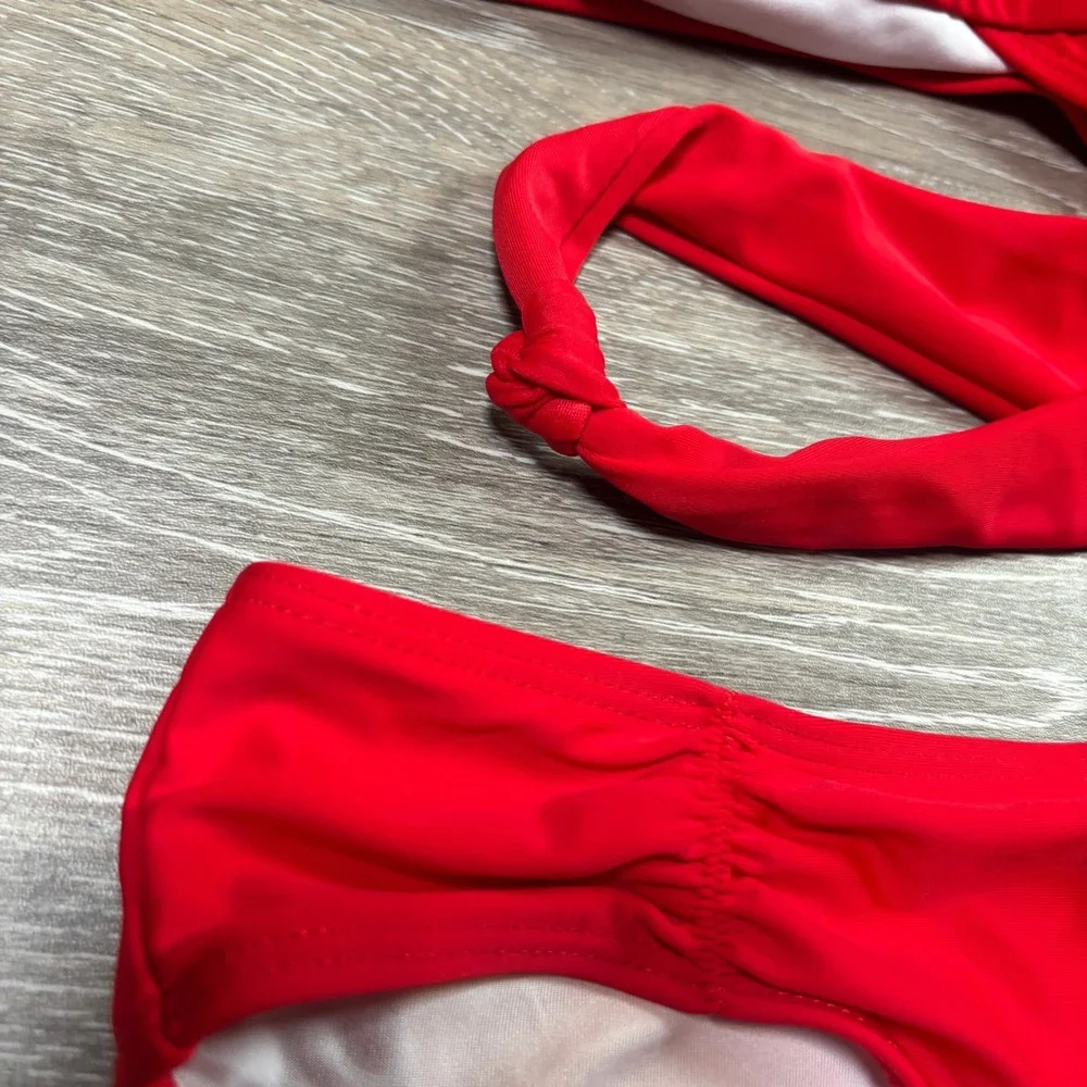 Red Cut-Out One Piece Swimsuit Monokini Adjustable Straps Knot Detail Size Small